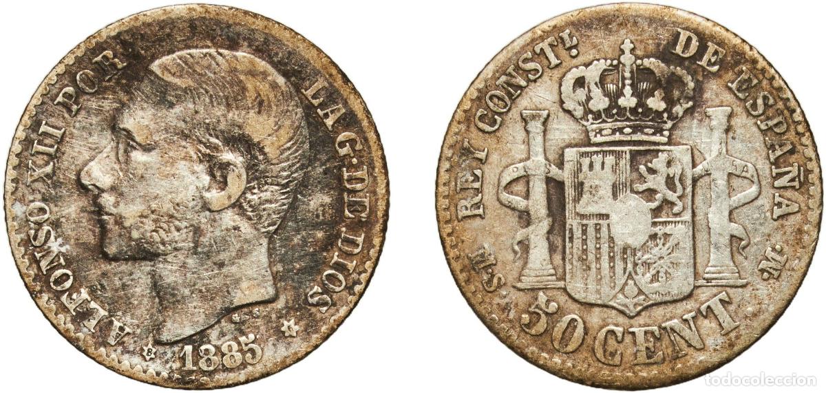 Monedas de Espa&ntilde;a: Spain Kingdom 1885 8-6 MSM 50 Centimos - Alfonso XII Silver (.835) Madrid Mint 2.44g VF KM 685 Ca