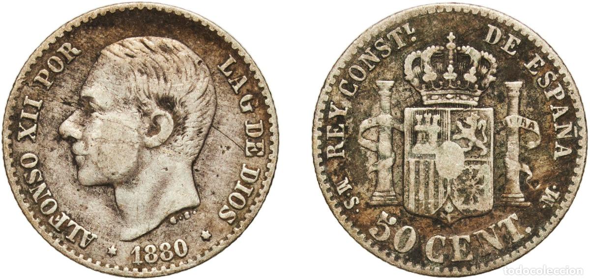 Monedas de Espa&ntilde;a: Spain Kingdom 1880 MSM 50 Centimos - Alfonso XII Silver (.835) Madrid Mint (2787000) 2.41g VF Cal 6