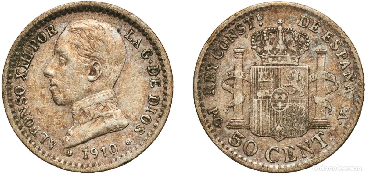 Monedas de Espa&ntilde;a: Spain Kingdom 1910 1-0 PCV 50 Centimos - Alfonso XIII (5th portrait) Silver (.835) Madrid Mint (45