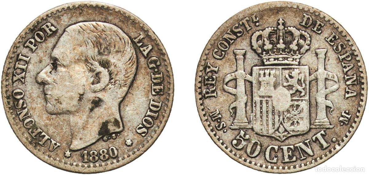 Monedas de Espa&ntilde;a: Spain Kingdom 1880 8-0 MSM 50 Centimos - Alfonso XII Silver (.835) Madrid Mint (2787000) 2.47g VF