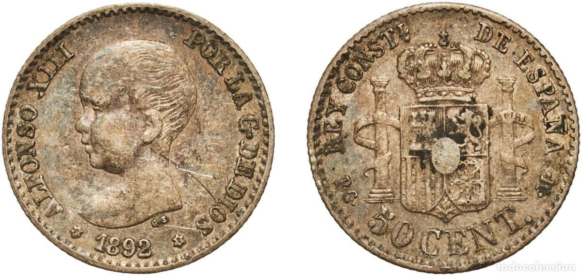 Monedas de Espa&ntilde;a: Spain Kingdom 1892 9-2 PGM 50 Centimos - Alfonso XIII (1st portrait) Silver (.835) Madrid Mint (39