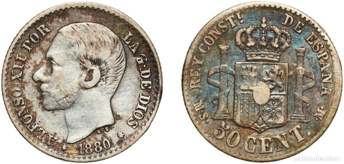 Monedas de Espa&ntilde;a: Spain Kingdom 1880 MSM 50 Centimos - Alfonso XII Silver (.835) Madrid Mint (2787000) 2.37g VF Cal 6