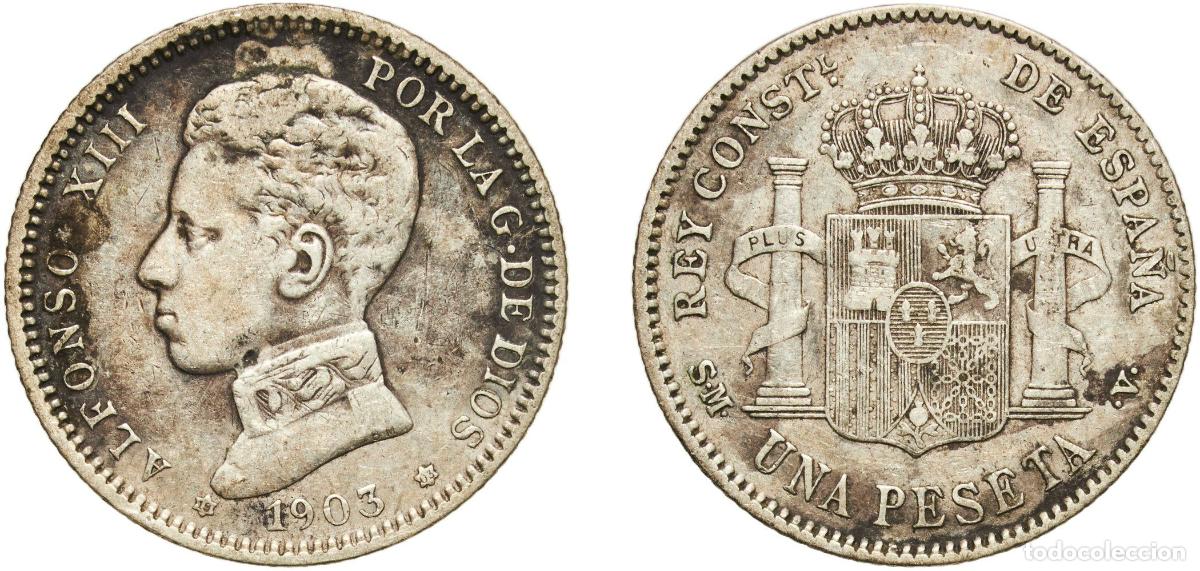 Monedas de Espa&ntilde;a: Spain kingdom 1903 19-03 SMV 1 Peseta - Alfonso XIII (4th portrait) Silver (.835) Madrid Mint (106