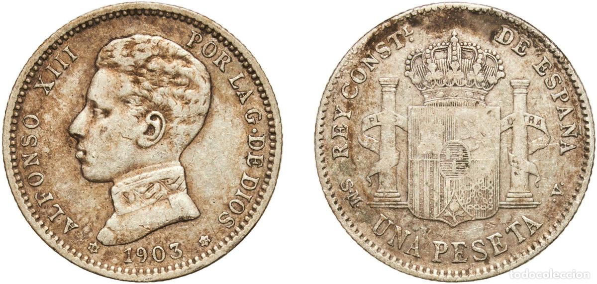Monedas de Espa&ntilde;a: Spain kingdom 1903 19-03 SMV 1 Peseta - Alfonso XIII (4th portrait) Silver (.835) Madrid Mint (106