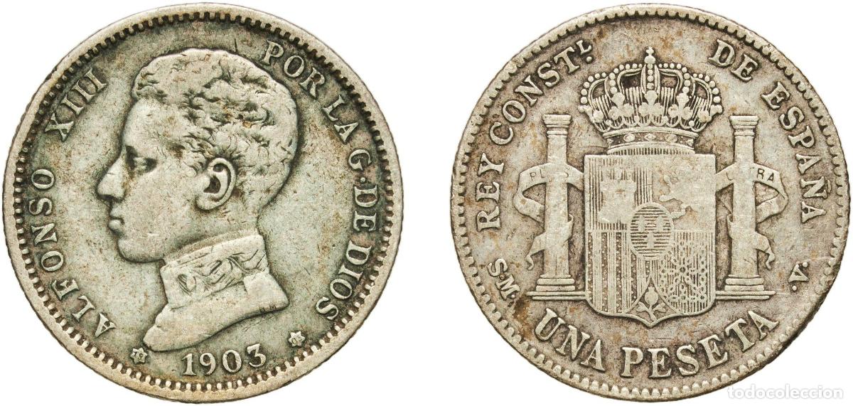 Monedas de Espa&ntilde;a: Spain kingdom 1903 19-03 SMV 1 Peseta - Alfonso XIII (4th portrait) Silver (.835) Madrid Mint (106