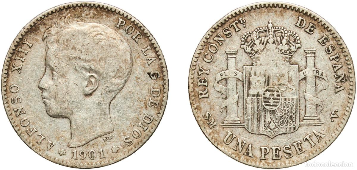 Monedas de Espa&ntilde;a: Spain Kingdom 1901 SMV 1 Peseta - Alfonso XIII (3rd portrait) Silver (.835) Madrid Mint (8449000) 4