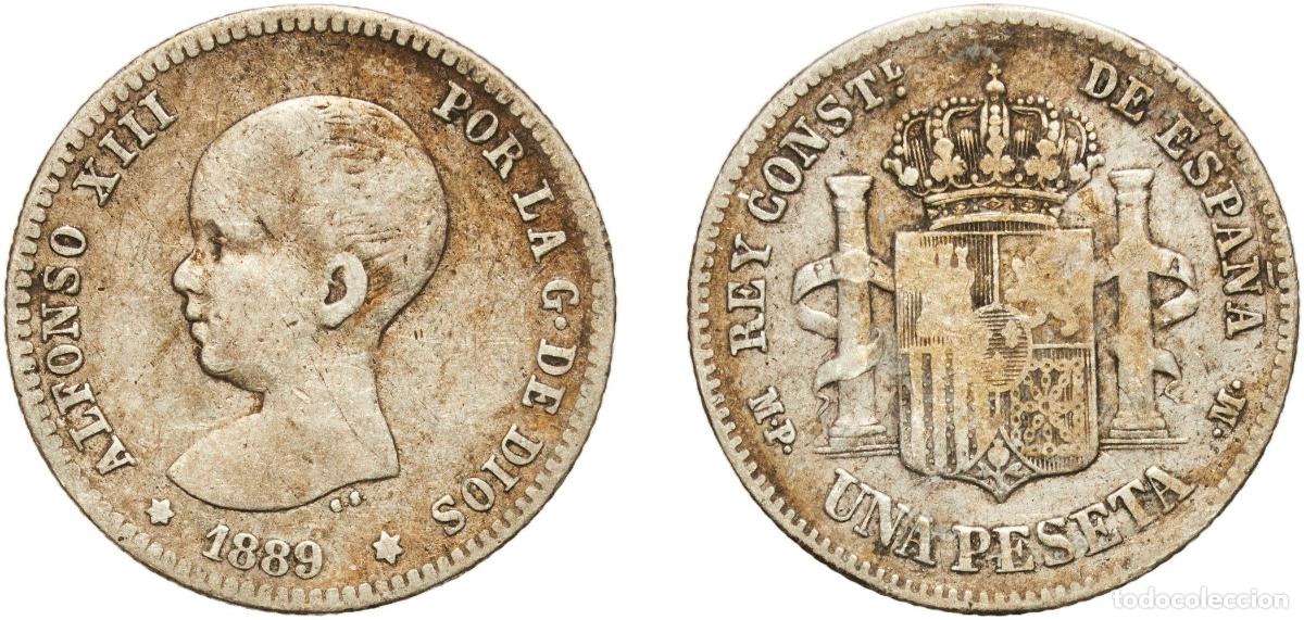 Monedas de Espa&ntilde;a: Spain Kingdom 1889 MPM 1 Peseta - Alfonso XIII (1st portrait) Silver (.835) Madrid Mint (760000) 4.