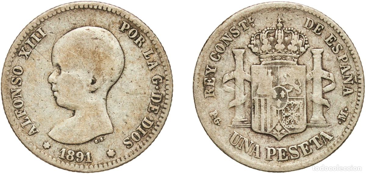 Monedas de Espa&ntilde;a: Spain Kingdom 1891 PGM 1 Peseta - Alfonso XIII (1st portrait) Silver (.835) Madrid Mint (4948225) 4
