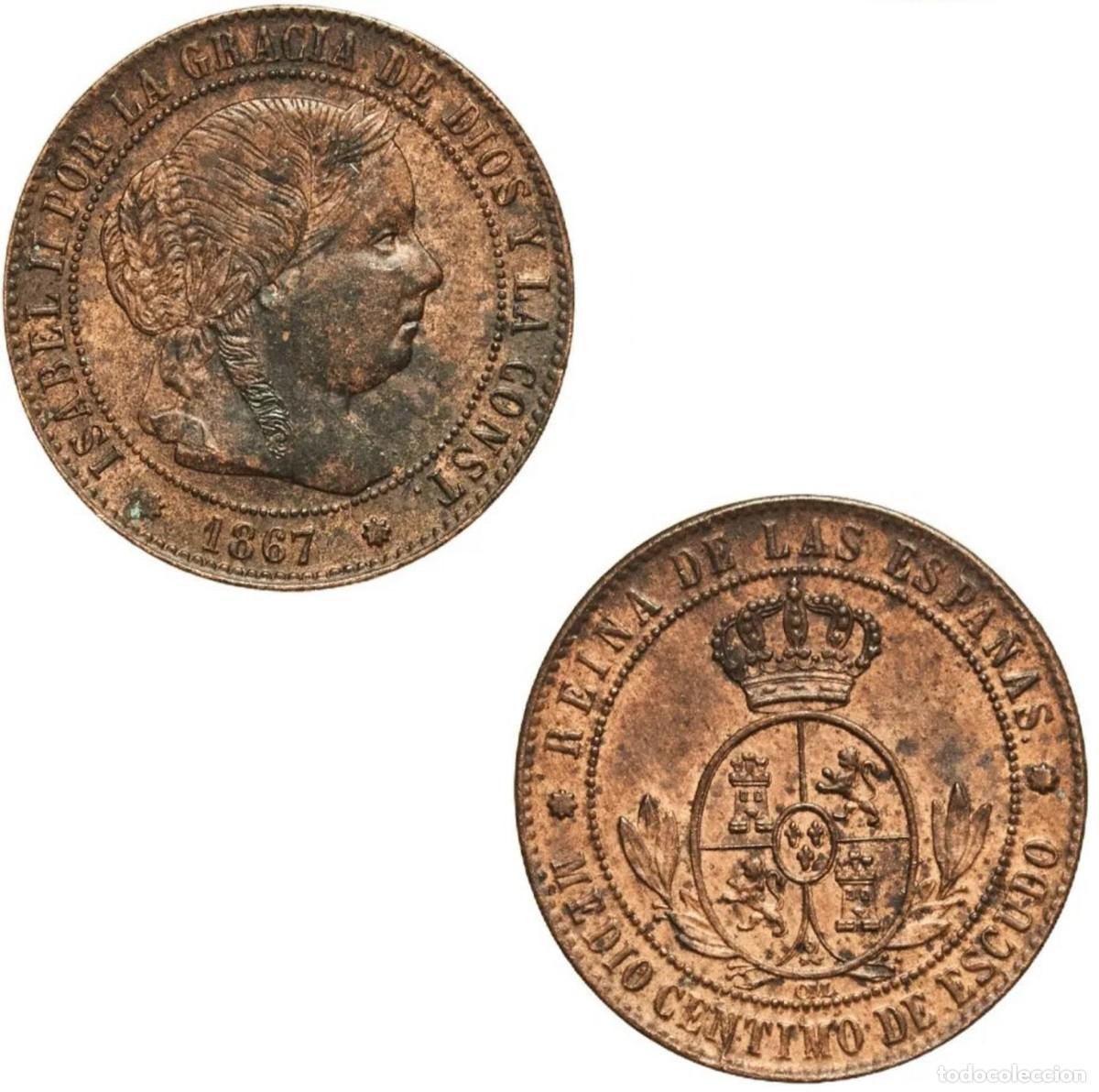 Monedas de Espa&ntilde;a: *GUTSE*829-ISABEL II, 1/2 CENTIMO DE ESCUDO 1867, BARCELONA OM, SIN CIRCULAR.