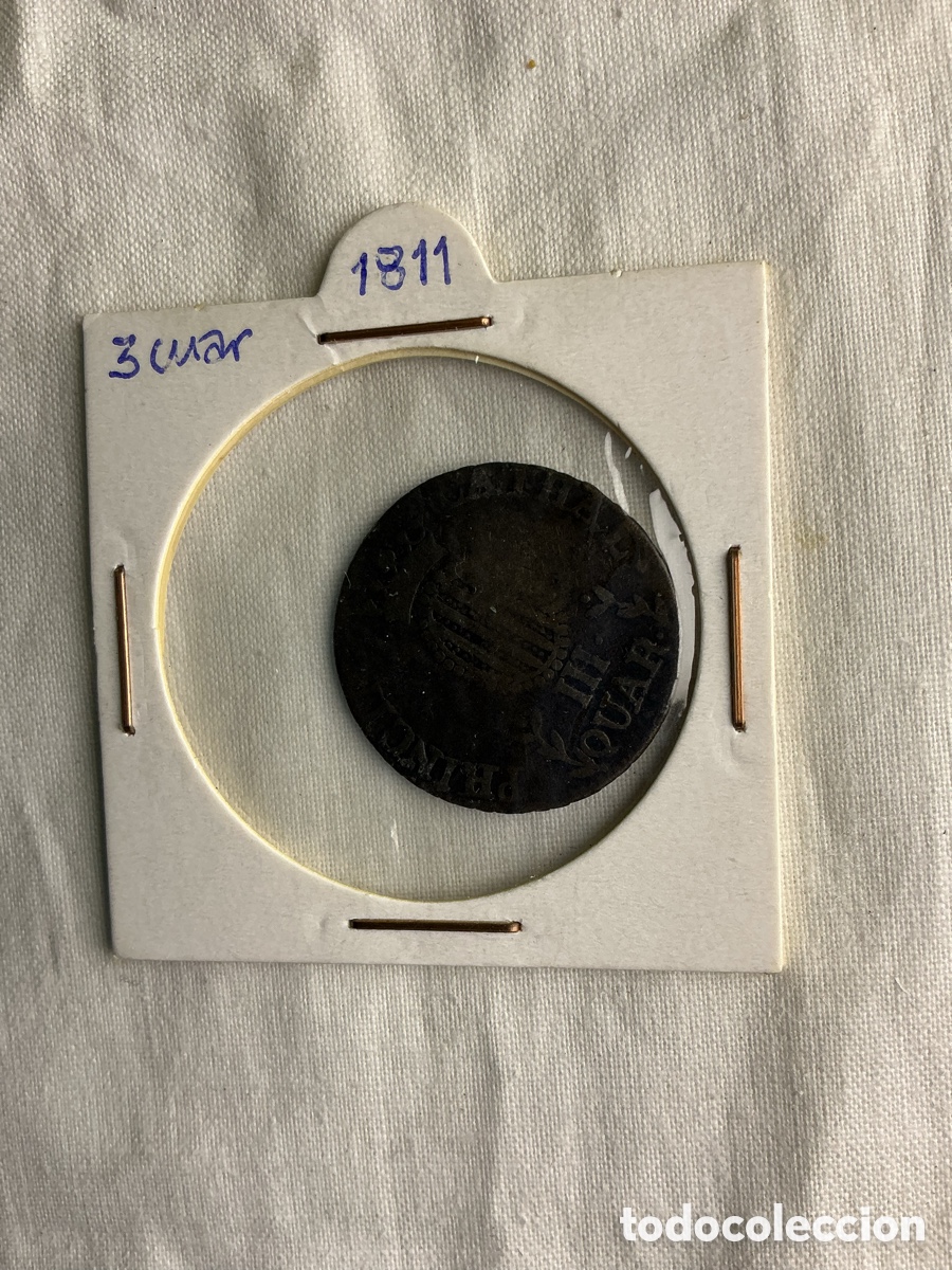 Monedas de Espa&ntilde;a: Moneda de 3 cuartos de 1811 en cartoncillo de colecci&oacute;n