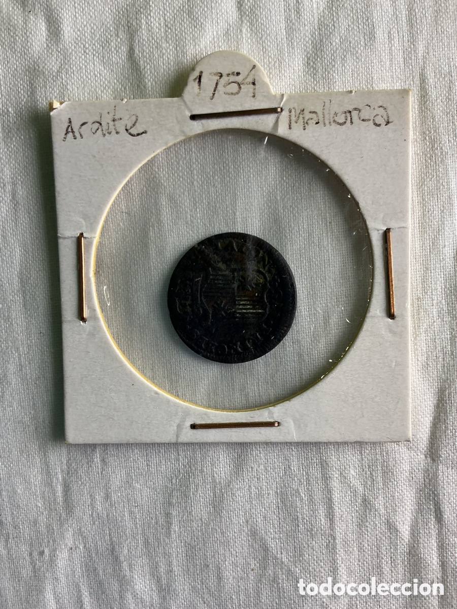 Monedas de Espa&ntilde;a: Fernando VI &mdash; Ardite de cobre &mdash; Catalu&ntilde;a &mdash; 1754 seg&uacute;n cart&oacute;n