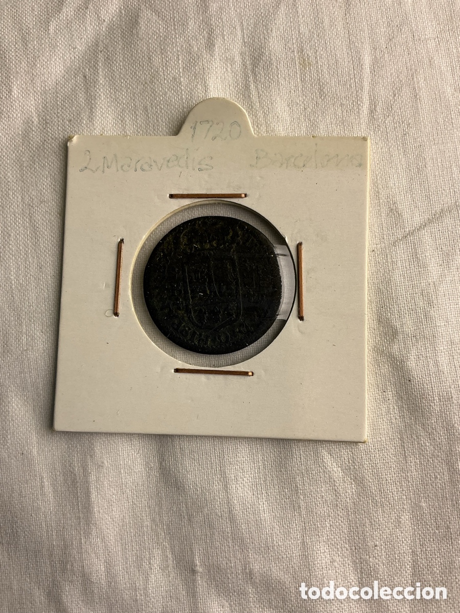 Monedas de Espa&ntilde;a: Felipe V &mdash; 2 maraved&iacute;s de cobre &mdash; Barcelona &mdash; 1720 seg&uacute;n cart&oacute;n