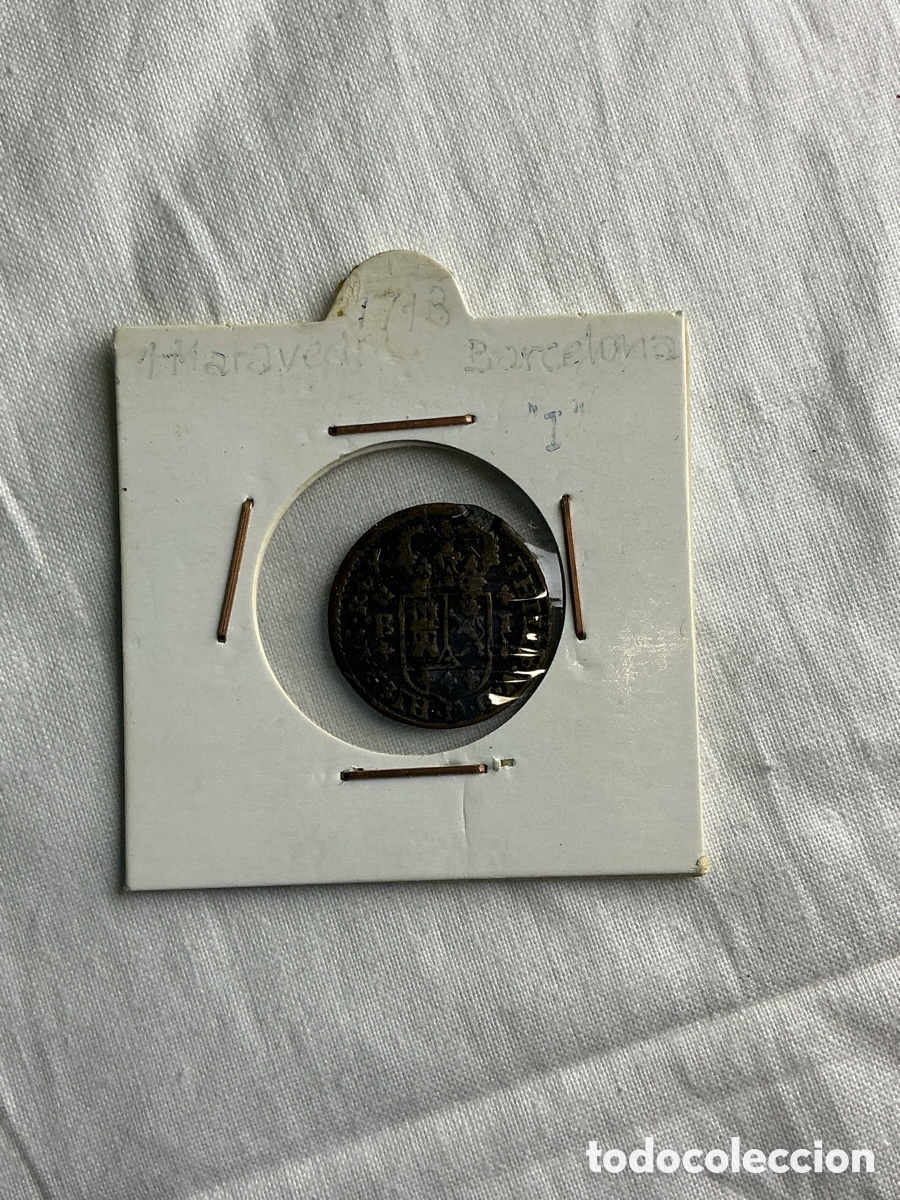 Monedas de Espa&ntilde;a: Felipe V &mdash; 1 maraved&iacute; de cobre &mdash; Barcelona &mdash; 1718 seg&uacute;n cart&oacute;n