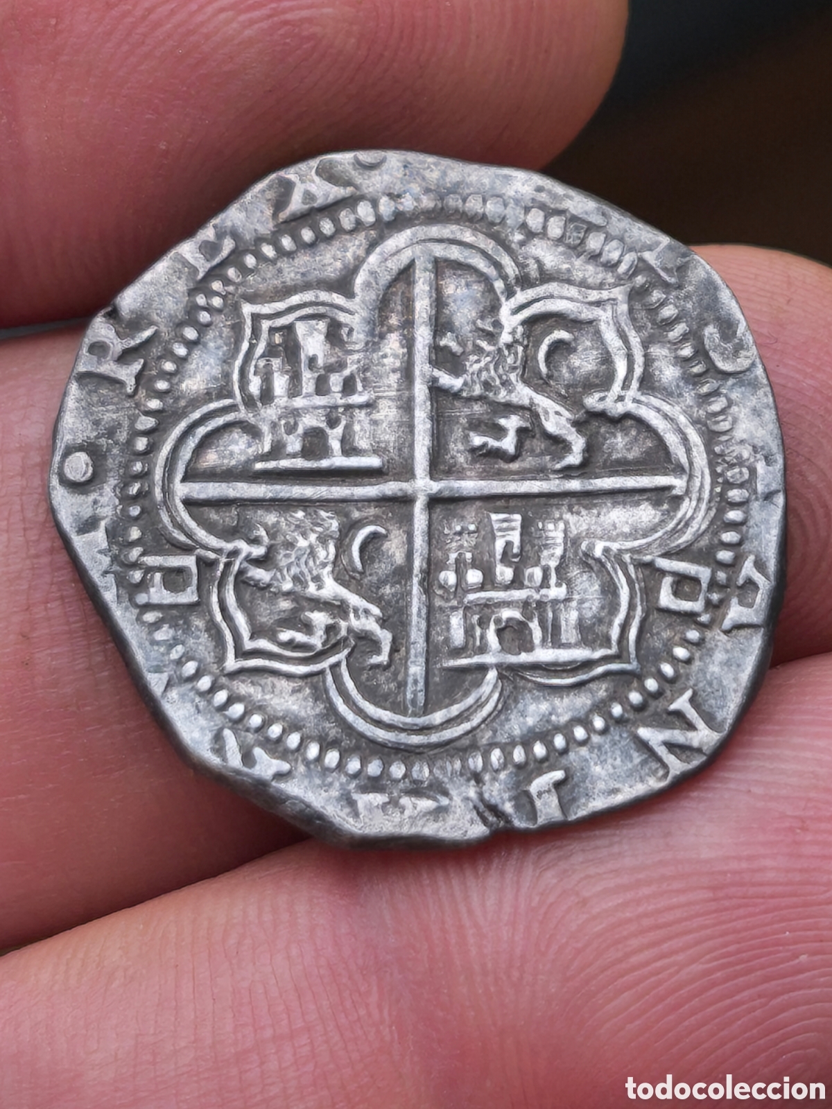 Monedas de Espa&ntilde;a: Felipe II 2 reales Sevilla doble D en reverso plata