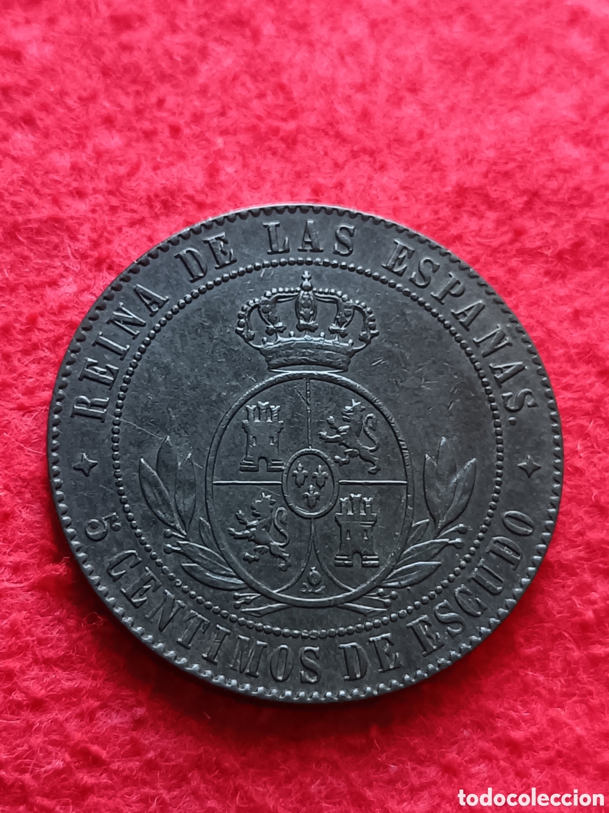 Monedas de Espa&ntilde;a: 5 C&eacute;ntimos de Escudo Isabel II 1866 Jubia sin OM Rar&iacute;sima EBC