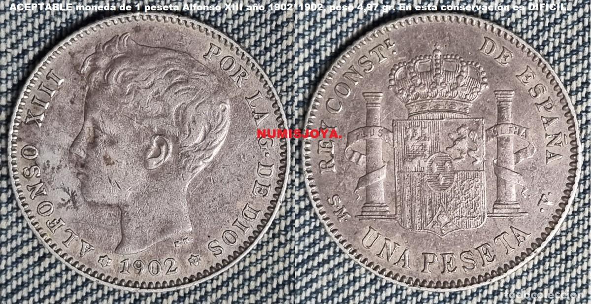Monedas de Espa&ntilde;a: 1 peseta plata Alfonso XIII a&ntilde;o 1902*1902. Peso 4,97 gr. PIEZA MUY DIGNA AS&Iacute; ES DIFICIL.