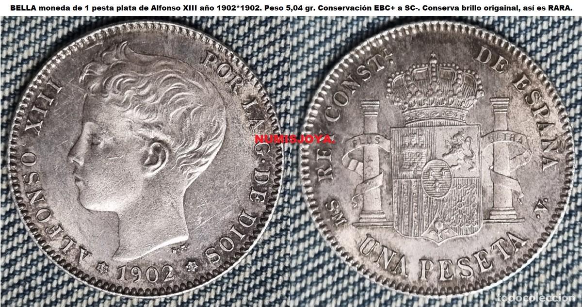 Monedas de Espa&ntilde;a: 1 peseta plata Alfonso XIII a&ntilde;o 1902*1902. Peso 5,04 gr. MUY BONITA en EBC+/SC-.