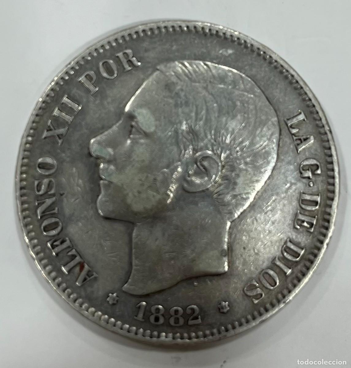 Monedas de Espa&ntilde;a: ESPA&Ntilde;A , A&Ntilde;O 1882 , ALFONSOXII , 5 PTAS PLATA MSM , *18*81 ESTRELLA 81 , RARO PESO 23 GR