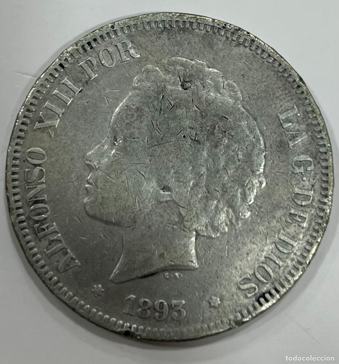Monedas de Espa&ntilde;a: ESPA&Ntilde;A , A&Ntilde;O 1893 , ALFONSO XIII , 5 PTAS PLATA PGV , PESO 24.5 GR