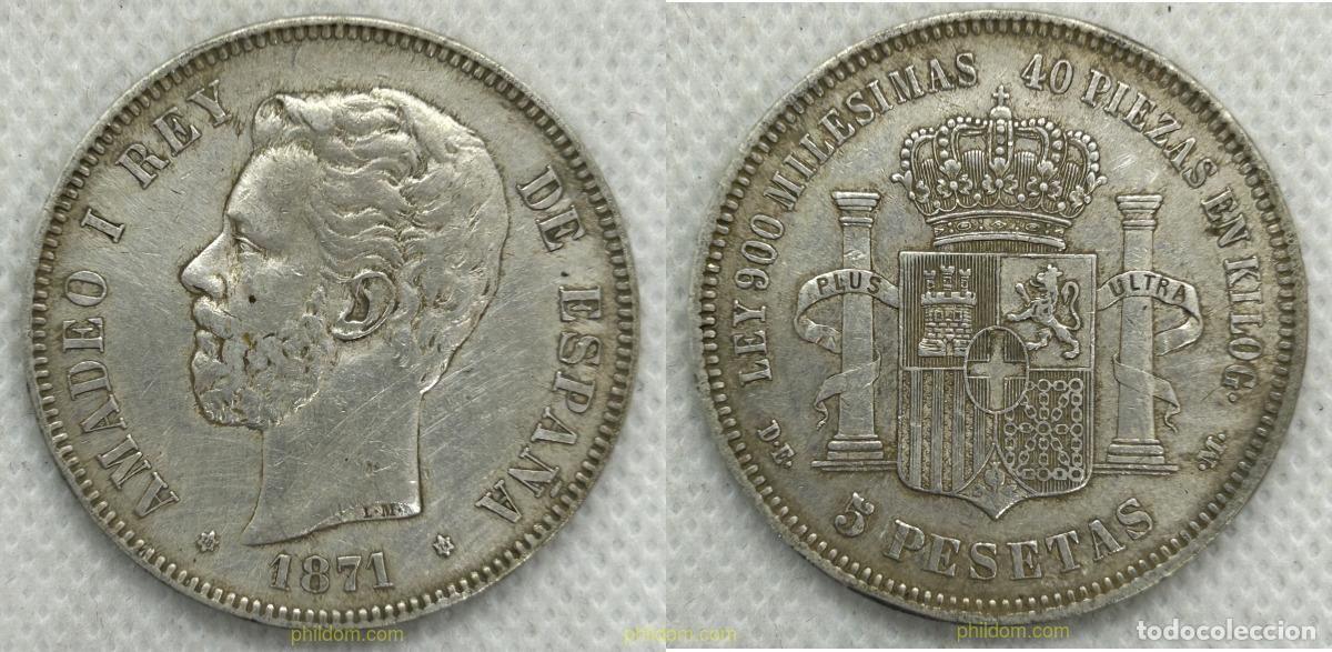 Monedas de Espa&ntilde;a: 4214 ESPA&Ntilde;A 1871 5 Pesetas Amadeo I 1871 18/74 Madrid DE M