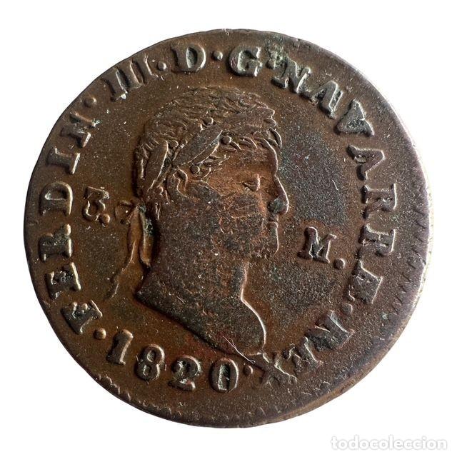 Monedas de Espa&ntilde;a: Fernando VII. 3 Maraved&iacute;s 1820 Pamplona Busto laureado estrecho. P&aacute;tina antigua de monetario