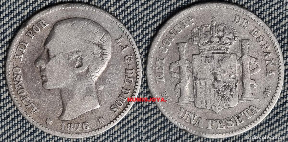 Monedas de Espa&ntilde;a: 1 Peseta plata Alfonso XII a&ntilde;o 1876. Peso actual 4,82 gr. BONITA ASI ES DIFICIL.