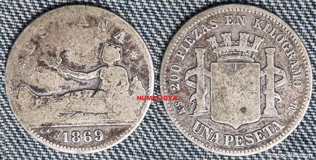 Monedas de Espa&ntilde;a: 1 Peseta plata a&ntilde;o 1869. Leyenda ESPA&Ntilde;A. FECHA ESCASA. Peso actual 4,70 gr.
