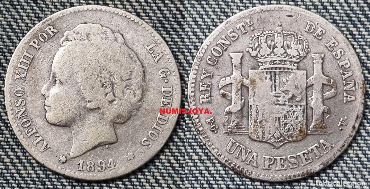 Monedas de Espa&ntilde;a: ESCASA moneda de 1 Peseta PLATA de Alfonso XIII a&ntilde;o 1894. Peso 4,89 gr.