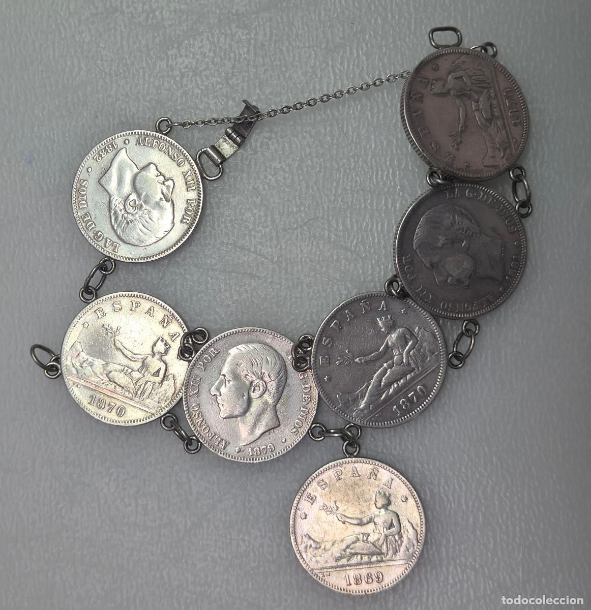 Monedas de Espa&ntilde;a: Lote 7 monedas de 2 pesetas PLATA. Convertidas en pulsera de &eacute;poca. Ag. Peso: 72,10 gr
