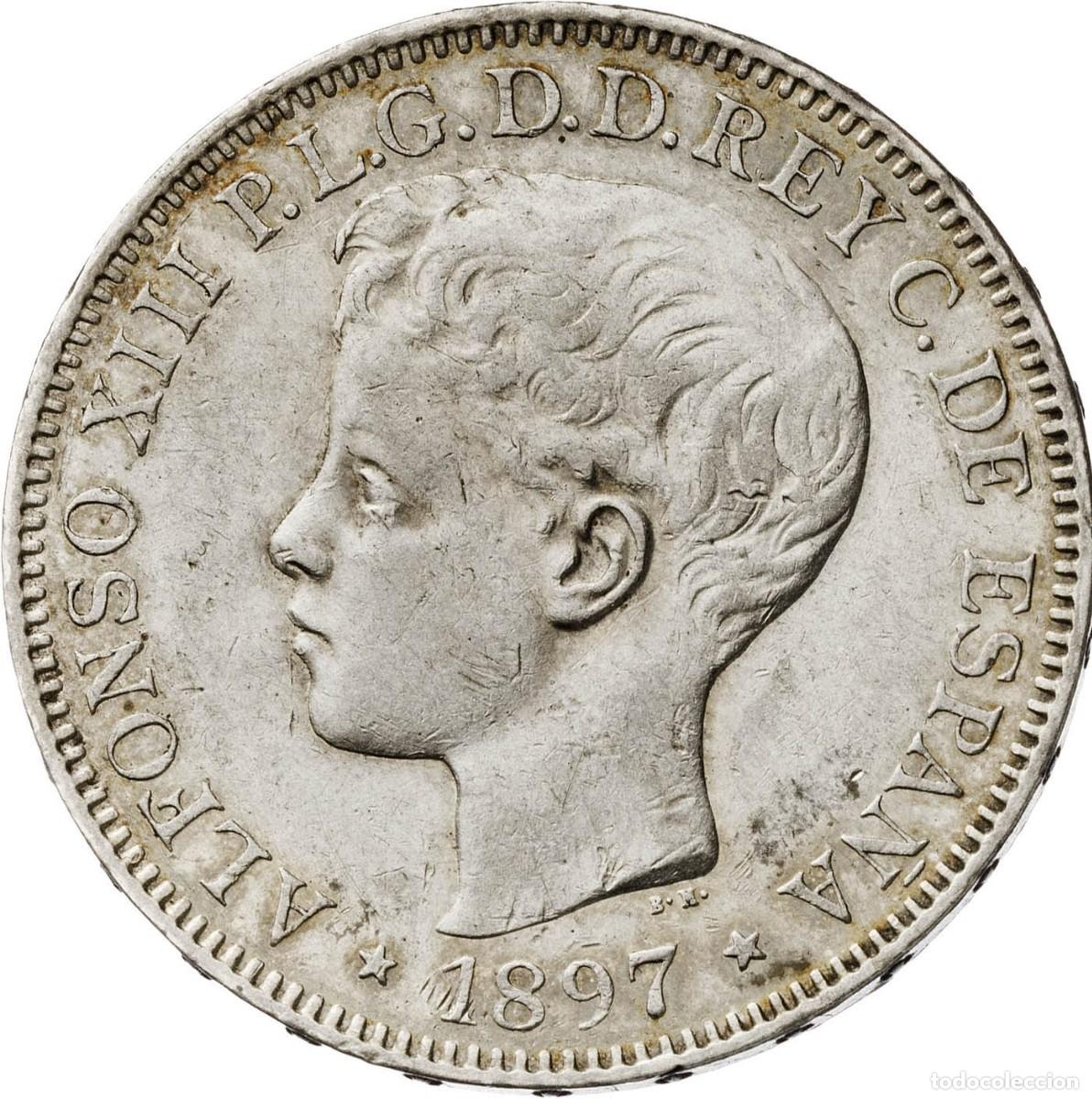 Monedas de Espa&ntilde;a: MONEDA DE 5 PESETAS 1 PESO DE MANILA FILIPINAS DE PLATA DE 1897 ALFONSOXIII EBC+