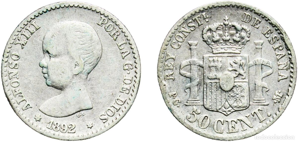 Monedas de Espa&ntilde;a: Spain Kingdom 1892 9-2 PGM 50 Centimos - Alfonso XIII (1st portrait) Silver (.835) Madrid Mint (39
