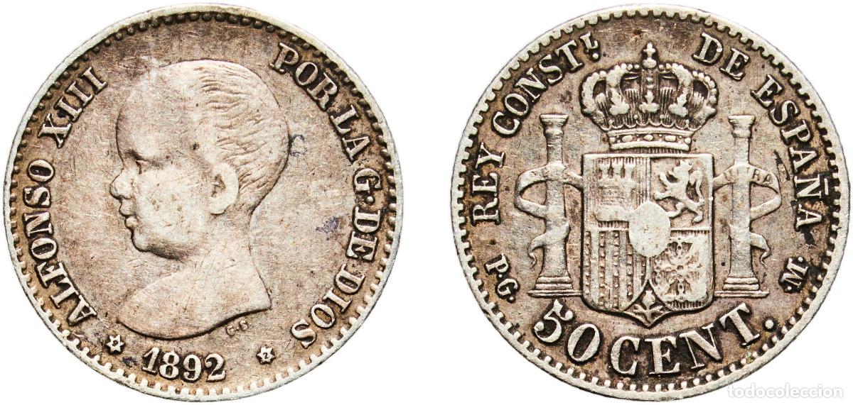 Monedas de Espa&ntilde;a: Spain Kingdom 1892 9-2 PGM 50 Centimos - Alfonso XIII (1st portrait) Silver (.835) Madrid Mint (39