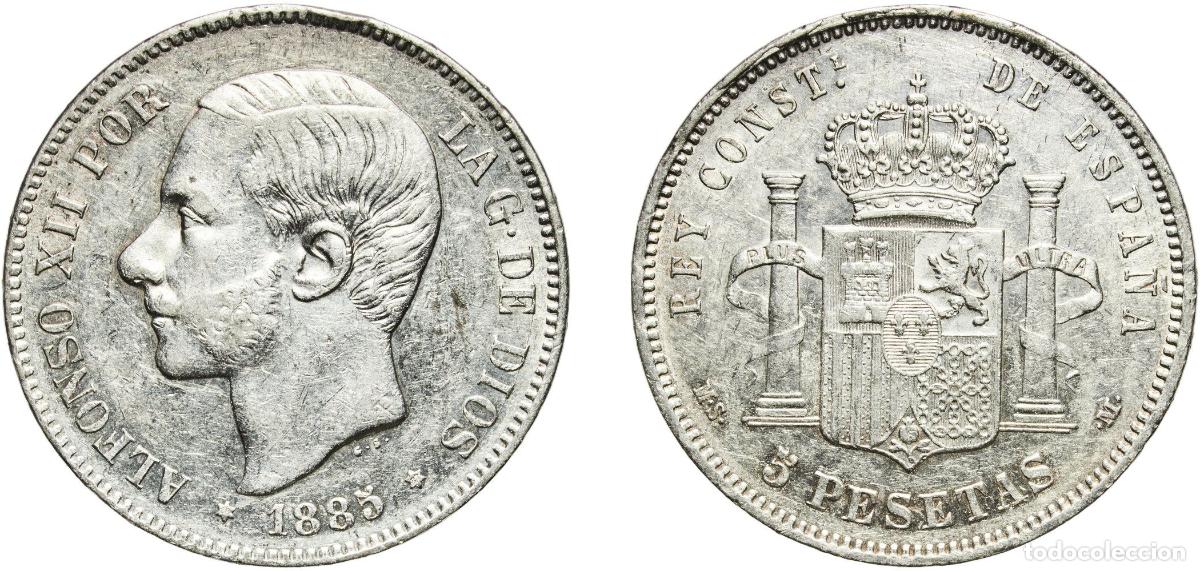 Monedas de Espa&ntilde;a: Spain Kingdom 1885 18-87 MSM 5 Pesetas - Alfonso XII (3rd portrait) Silver (.900) Madrid Mint 25.0