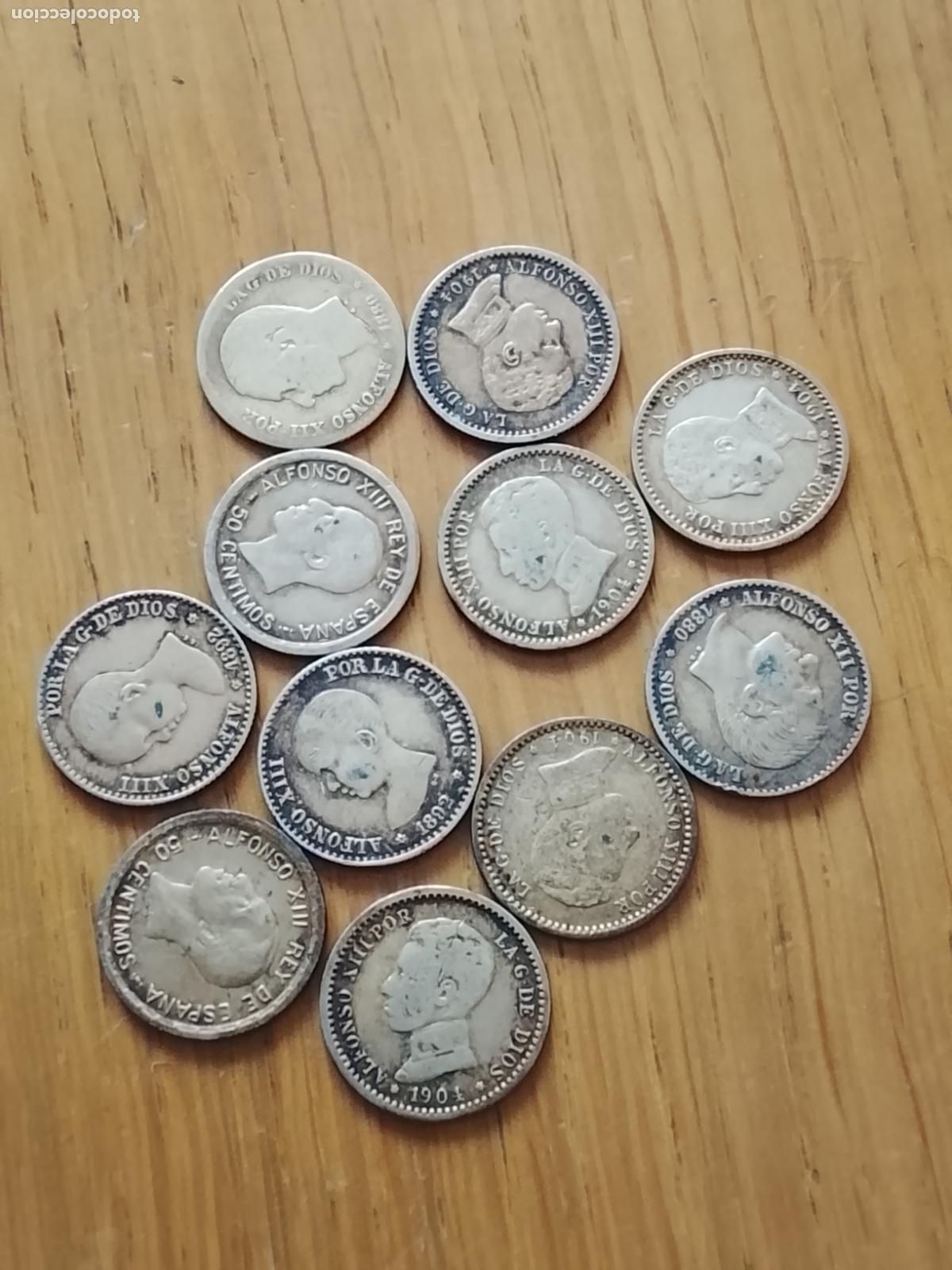 Monedas de Espa&ntilde;a: 11 monedas de 50 c&eacute;ntimos de plata sobredoradas