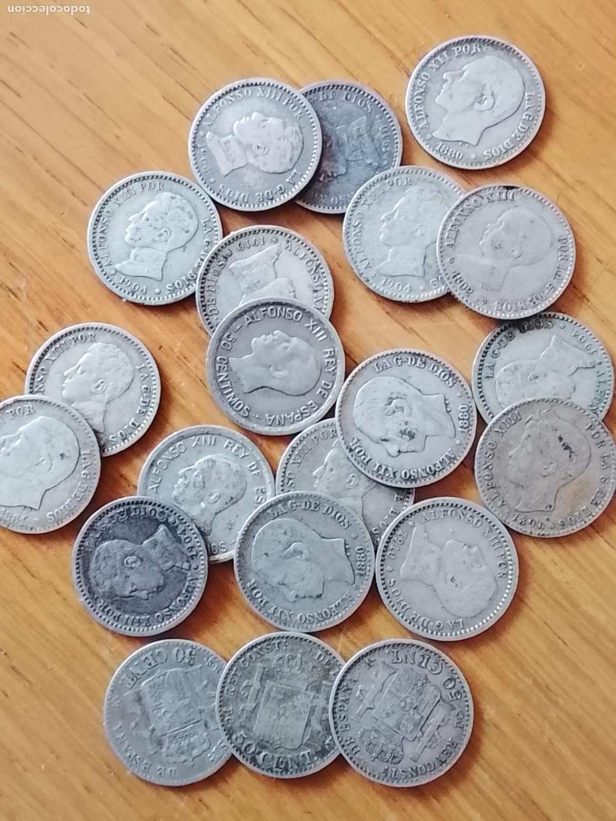 Monedas de Espa&ntilde;a: 21 monedas de 50 c&eacute;ntimos de plata