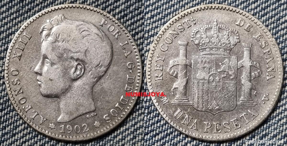 Monedas de Espa&ntilde;a: 1 peseta plata Alfonso XIII a&ntilde;o 1902. Peso actual 4,87 gr. FECHA ESCASA.