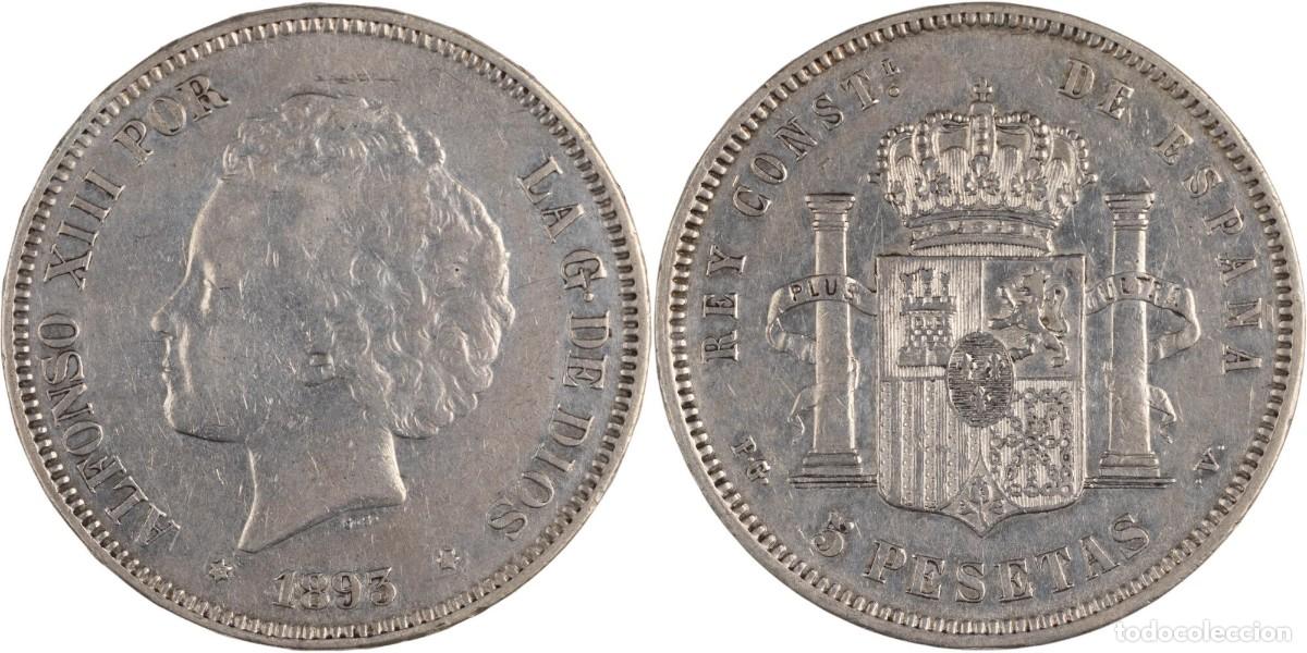 Monedas de Espa&ntilde;a: ALFONSO XIII - 5 PESETAS DE PLATA DE 1893*93 - PG V -
