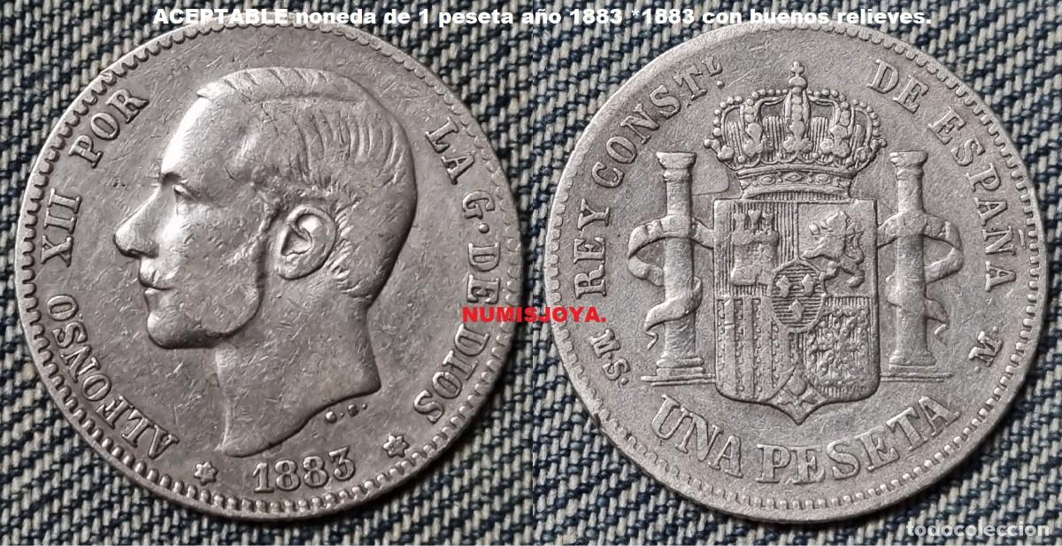 Monedas de Espa&ntilde;a: 1 peseta plata Alfonso XII a&ntilde;o 1883*1883. Peso 4,82 gr. ESCASA CON FECHAS EN LAS 2 ESTRELLAS.