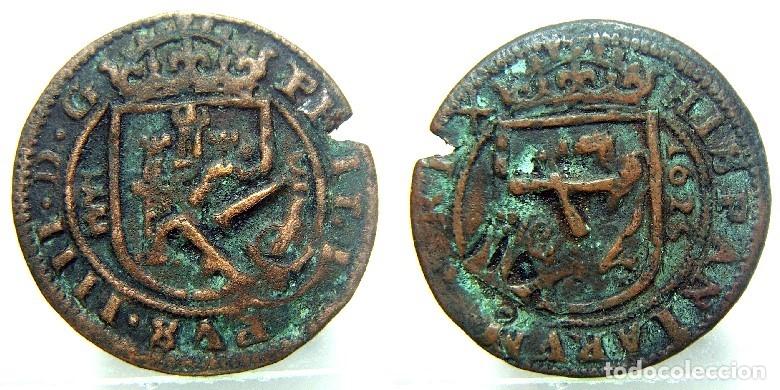 Monedas de Espa&ntilde;a: Moneda de 8 maravedis Felipe IV 1625 Segovia Ingenio, Resello a XII de Segovia