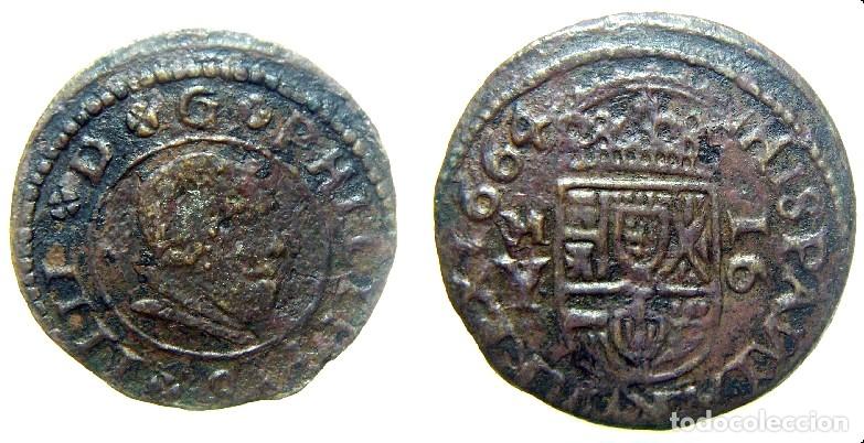 Monedas de Espa&ntilde;a: Moneda de 16 maravedis Felipe IV 1664 Madrid Y ,Puerta de Alcal&aacute;