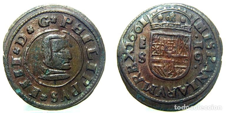 Monedas de Espa&ntilde;a: Moneda de 16 maravedis Felipe IV 1661 Segovia S