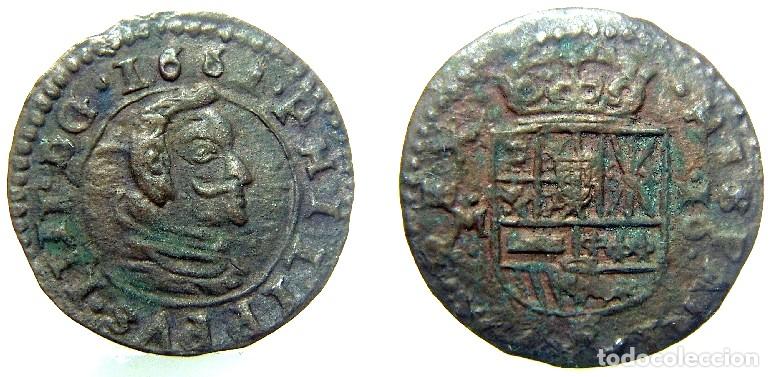 Monedas de Espa&ntilde;a: Moneda de 16 maravedis Felipe IV 1661 Trujillo, monograma abajo