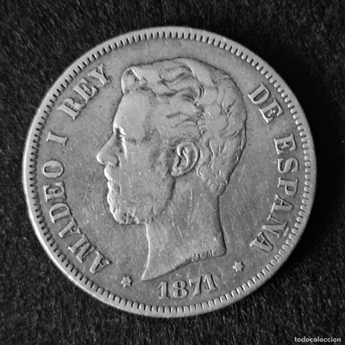 Monedas de Espa&ntilde;a: Amadeo I, 5 ptas. plata, 1871 SDM, Tipo 1, &Oslash;38 mm, 25 g