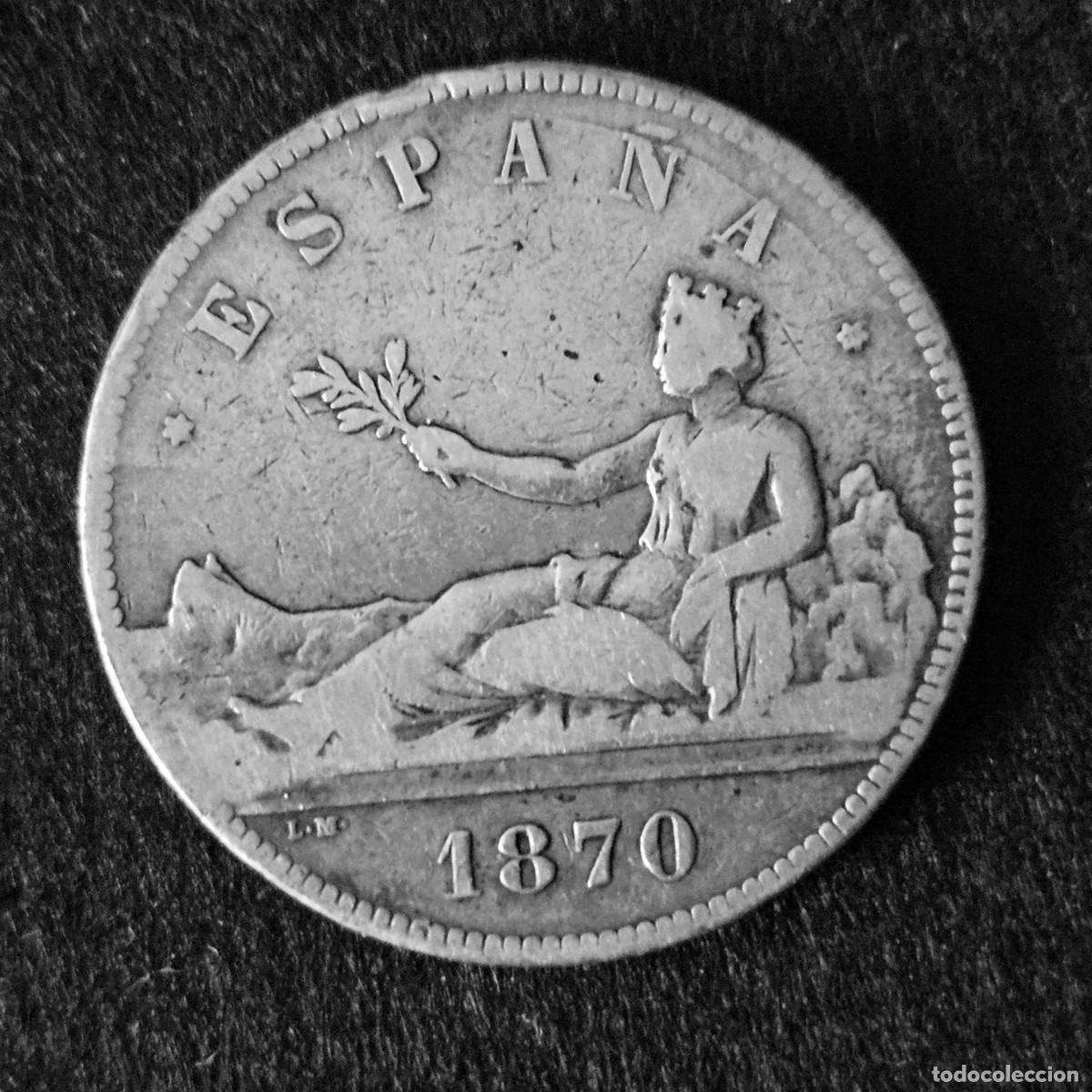 Monedas de Espa&ntilde;a: Gobierno Provisional y Primera Rep&uacute;blica, 5 ptas. plata, 1870 SNM, Tipo 16, &Oslash;37 mm, 25 g
