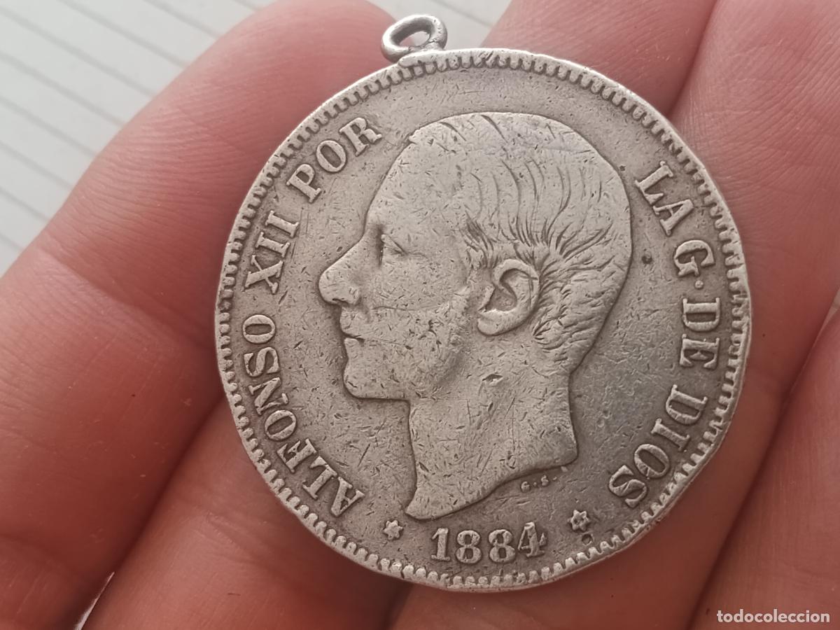 Monedas de Espa&ntilde;a: Duro original de plata en llavero. 5 pesetas 1884