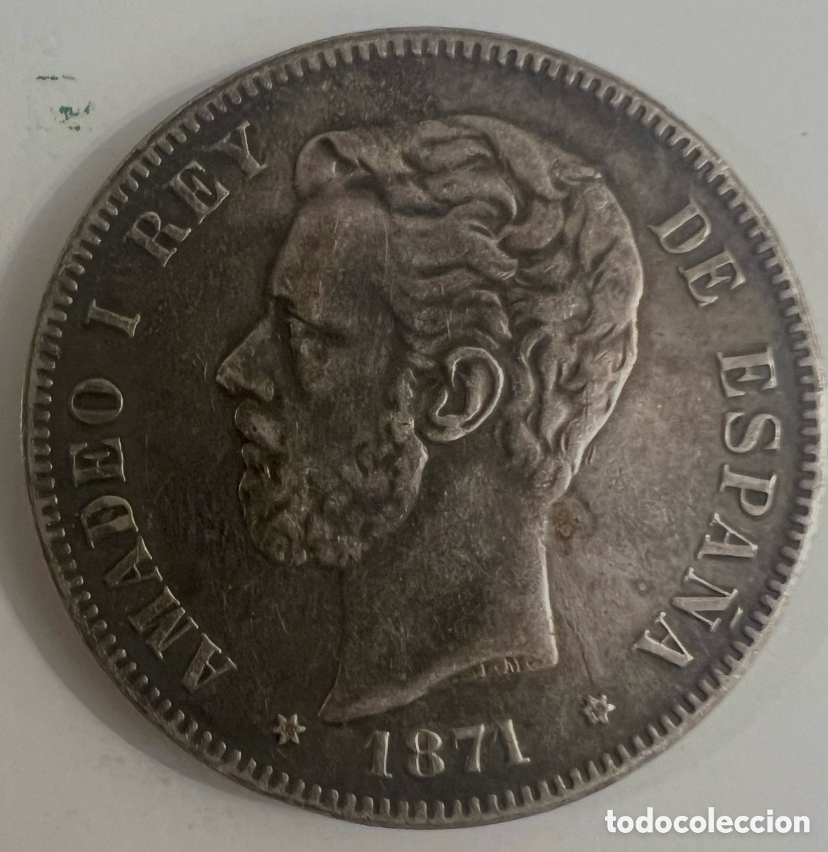 Monedas de Espa&ntilde;a: 5 Pesetas 1871 (18-75) Amadeo I. Ceca Madrid (D.E.M.). MBC+/EBC-. Excelente p&aacute;tina y canto legible
