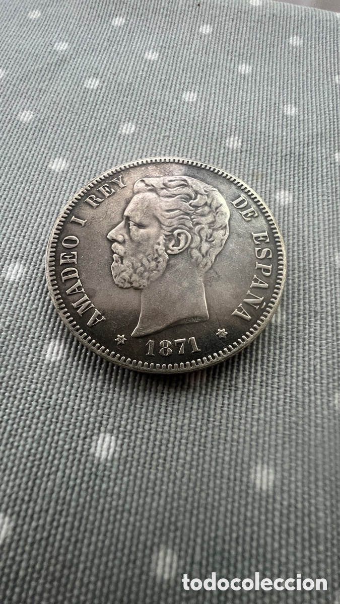 Monedas de Espa&ntilde;a: 5 Pesetas 1871 (18-75) Amadeo I. Ceca Madrid (D.E.M.). MBC+/EBC-. Excelente p&aacute;tina y canto legible