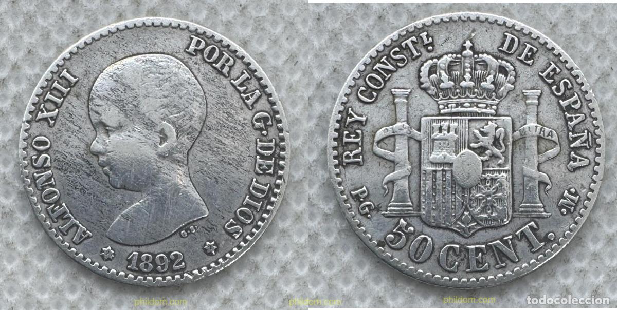 Monedas de Espa&ntilde;a: 5571 ESPA&Ntilde;A 1892 ALFONSO XIII 50 CENTIMOS 1892 9-2 MADRID