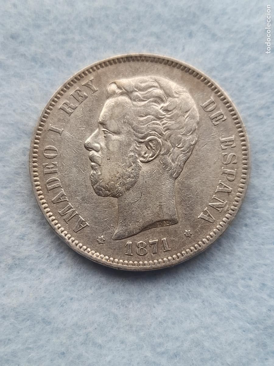 Monete da Spagna: Amadeo I. 5 Pesetas. A&ntilde;o 1871. S.D - M. Plata.