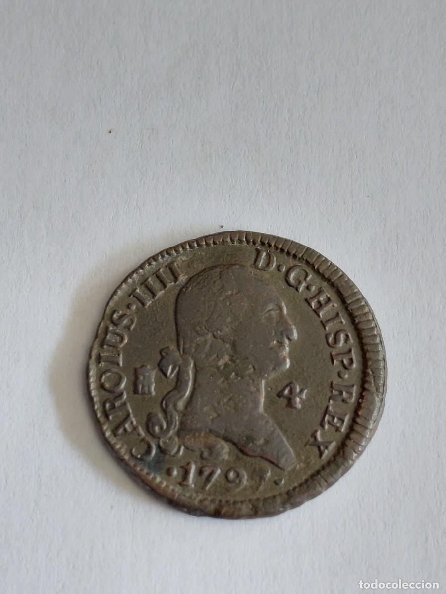 Monedas de Espa&ntilde;a: Moneda 4 maravedies Carlos IIII, 1797, cobre, ceca Segovia